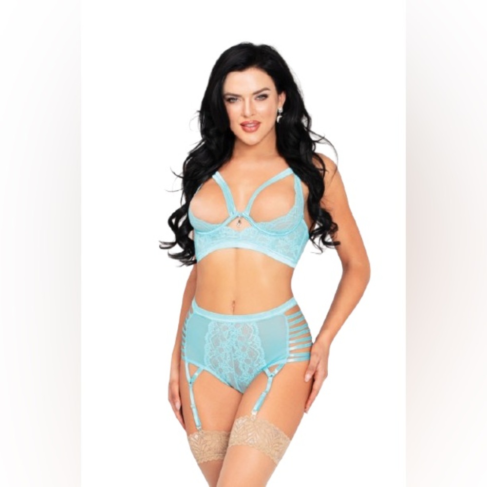 Seven Til Midnight 2 Piece Blue Floral Galloon Lace Longline Bra & Panty Set NWT